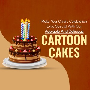 Cartoon themed birthday cake with lit candles