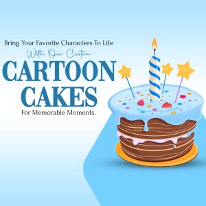 Cartoon cake with a lit candle and stars, promoting custom cake designs.