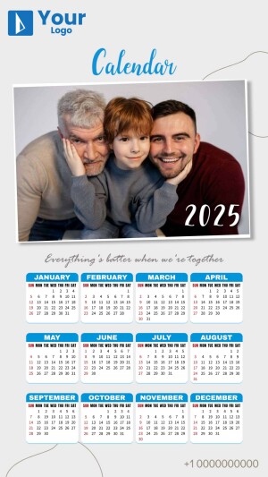 Family photo calendar for 2025 with a heartwarming image and monthly dates.