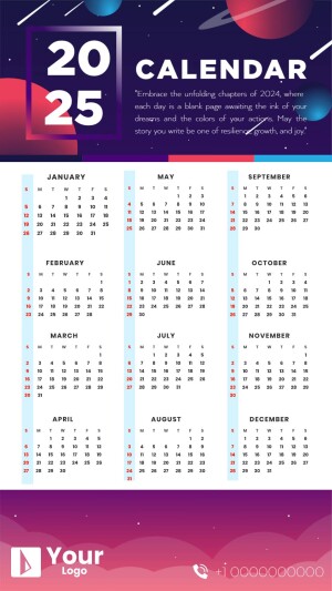 Modern 2025 calendar with a vibrant color scheme and inspirational quote.