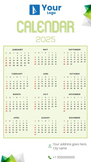 A green and white 2025 calendar template with monthly layouts.