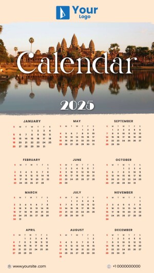 2025 calendar featuring a scenic view of Angkor Wat temple in Cambodia