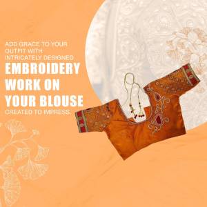 Close-up of an intricately designed embroidered blouse in orange and gold tones.