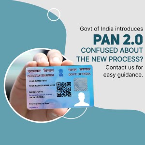 Image of a hand holding a PAN card with text announcing PAN 2.0 and offering guidance.