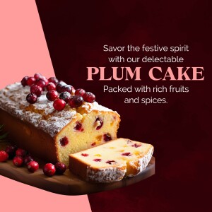 Close-up of a slice of plum cake with cranberries and powdered sugar
