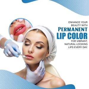 Woman receiving permanent lip color treatment with a close-up of lips.