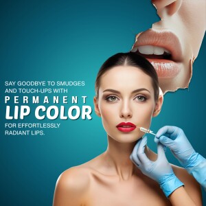 Woman receiving permanent lip color application with a close-up of lips