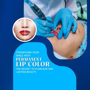 Woman receiving permanent lip color treatment with a cosmetic tattooing device.