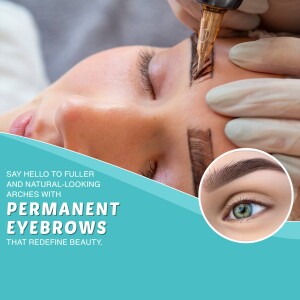 Close-up of a woman receiving a microblading or permanent eyebrow makeup procedure.