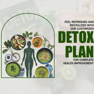 Image promoting a detox plan with healthy food and a silhouette of a person.