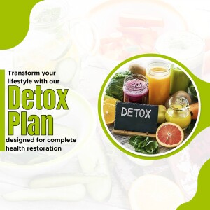Image of detox drinks and fruits with text promoting a detox plan.