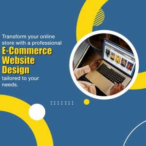 Image of a laptop displaying an e-commerce website with abstract yellow shapes and text promoting professional website design.