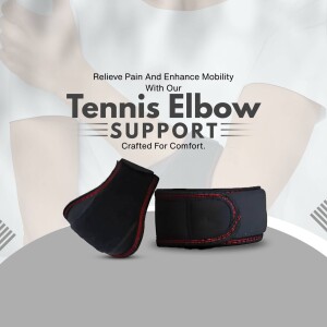 Black and red tennis elbow support brace on a gray background