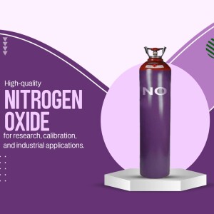 Image of a purple Nitrogen Oxide tank with text highlighting its use for research, calibration, and industrial applications.