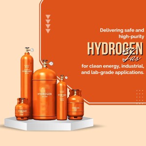 Image of hydrogen gas cylinders with text promoting clean energy applications.