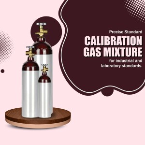 Three calibration gas cylinders on a wooden platform with a maroon and pink background.