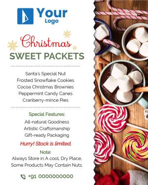 Christmas themed promotional image for sweet packets including cookies, brownies, and peppermint candy canes.