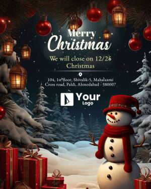 Christmas themed announcement with a snowman and festive decorations, informing about a business closure on December 25th.