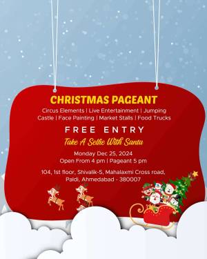 Poster advertising a Christmas Pageant with Santa, live entertainment, and free entry.
