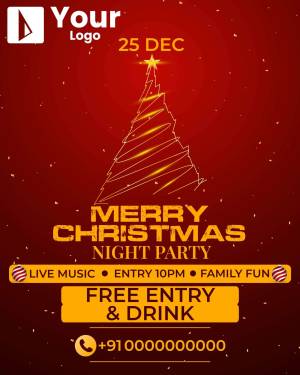 Christmas party flyer with a stylized tree and event details