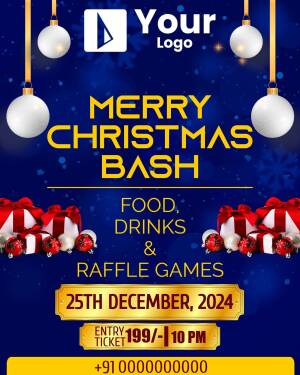 Christmas Bash event poster with festive decorations and event details.