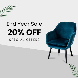 Blue velvet armchair with end of year sale promotion