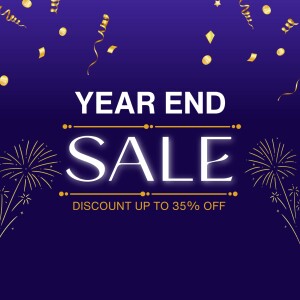 Year End Sale banner with fireworks and confetti