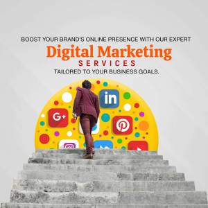 Image depicting a person climbing stairs made of social media icons towards 'Digital Marketing' text.