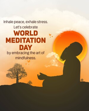 Silhouette of a person meditating against a sunset background with the text 'World Meditation Day'