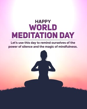 Silhouette of a person meditating against a gradient background with text 'Happy World Meditation Day'