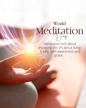 Image depicting a hand in a meditative pose with light emanating from the palm, promoting World Meditation Day.