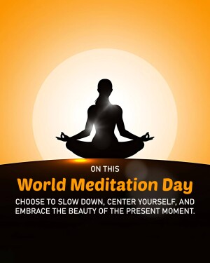 Silhouette of a person meditating in the lotus position against a sunset background with text 'World Meditation Day'