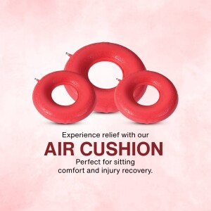 Three red air cushions stacked with text promoting comfort and injury recovery.