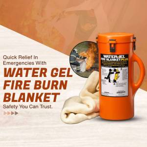 Orange Water Gel Fire Burn Blanket with image of firefighter using it