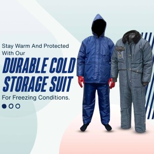 Image of a blue cold storage suit with a hooded jacket and pants, designed for freezing conditions.