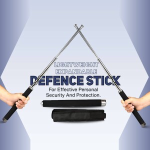 Image of a lightweight expandable defence stick held in hands with a case.