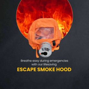 Orange escape smoke hood with flames in the background, promoting emergency breathing safety.