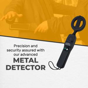 Handheld metal detector with digital display and text 'Precision and security assured with our advanced METAL DETECTOR'