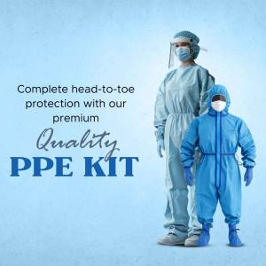 Image of an adult and child wearing full PPE kits, including suits, masks, and face shields.