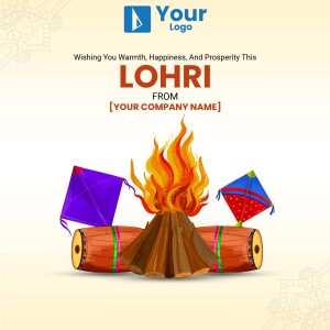 Lohri festival graphic with bonfire, kites, and dhol drums