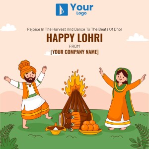 Illustration of a Lohri celebration with people dancing around a bonfire.