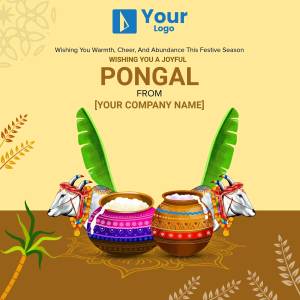 Pongal festival greeting with cows, pot, and traditional decorations