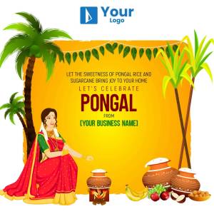 Pongal festival greeting with a woman in traditional attire and festive decorations.