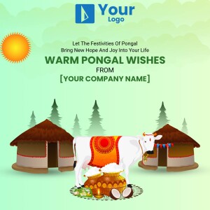 Pongal festival greeting with a cow, huts, and a sun