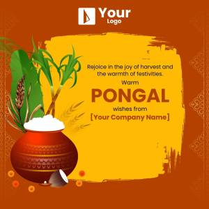 Pongal festival graphic with sugarcane, pot, and festive decorations.