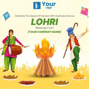 Lohri festival celebration with bonfire, people dancing, and harvest imagery.