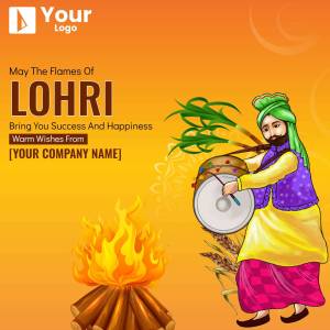 Lohri festival graphic with bonfire and traditional Punjabi man playing a dhol.