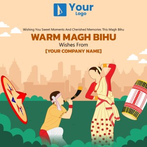 Magh Bihu greeting with traditional Assamese performers and cityscape