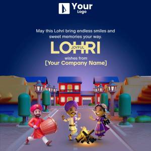 Lohri festival greeting with cartoon characters and a bonfire