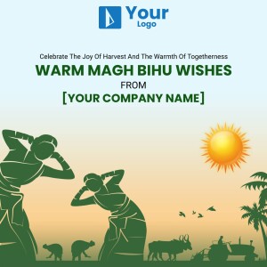 Magh Bihu festival greeting with harvest scene and sun illustration.
